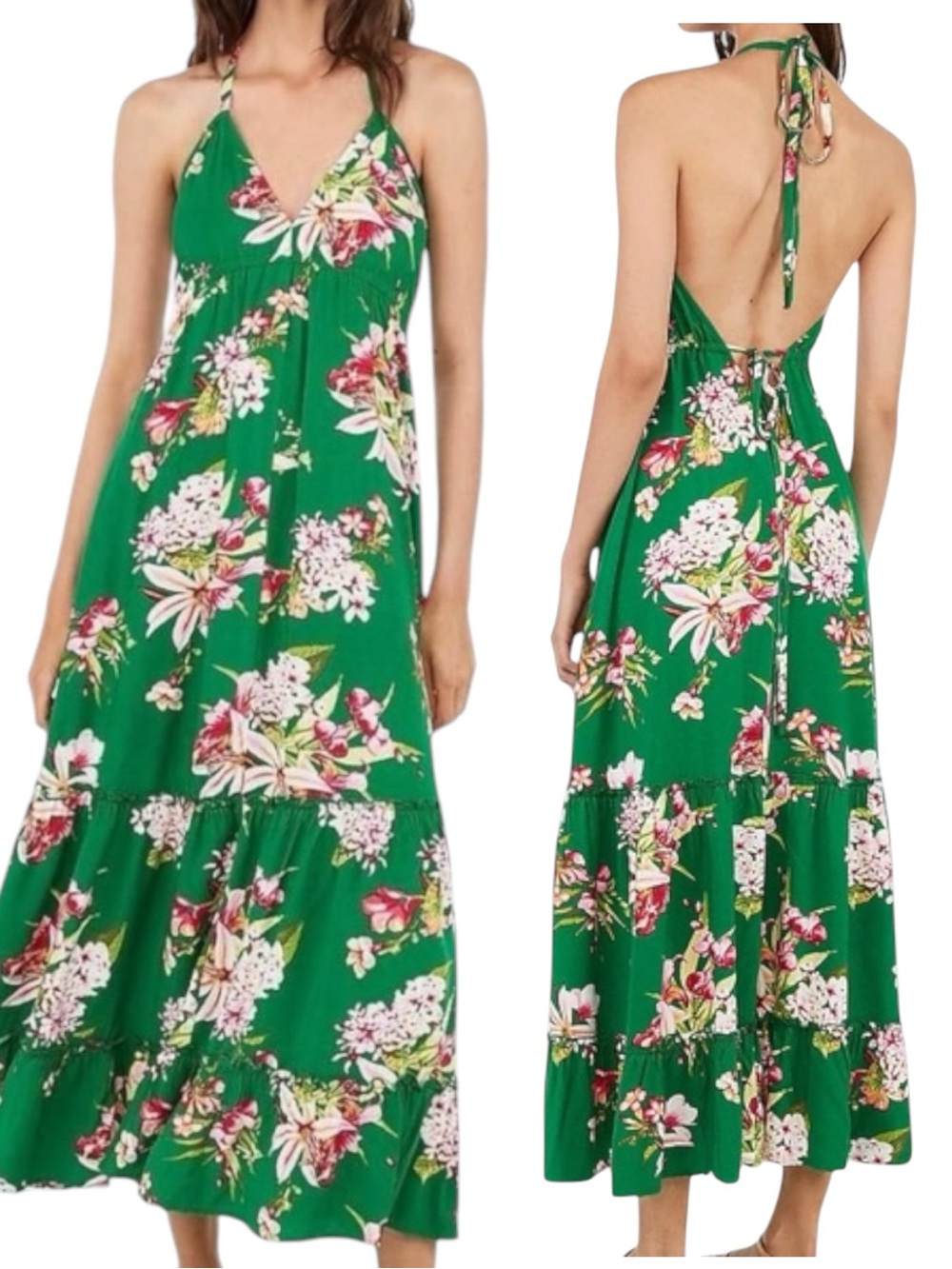 Express Green Floral Backless Halter Maxi Dress